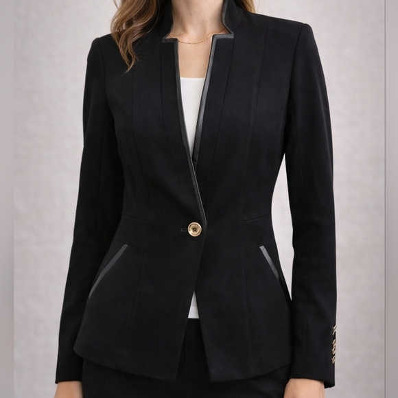 White House Black Market Jackets & Blazers - White House Black Market Faux Leather Trim One-Button Jacket Black Size 4